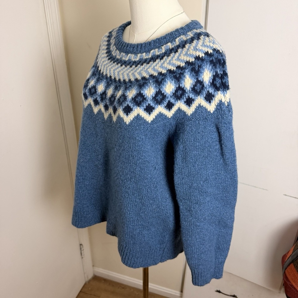 LL Bean Women Blue 100% Lambswool Fair Isle Yoke Pullover Sweater  XL Petite